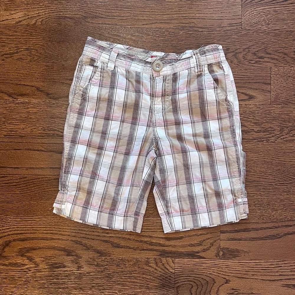 🍟Vintage Y2K Kids Plaid Bermuda Shorts Brown Pink Skater Surf Core Size 8